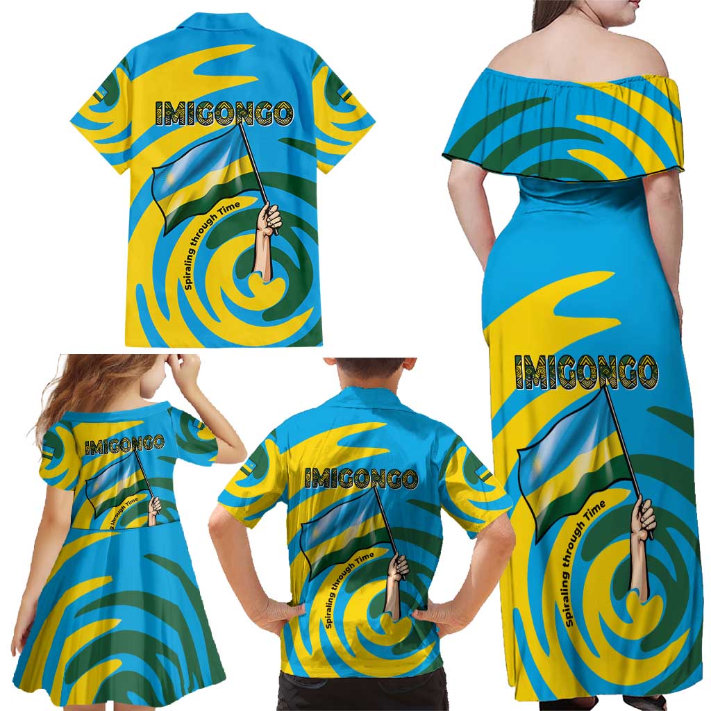 Rwanda Family Matching Off Shoulder Maxi Dress and Hawaiian Shirt with Imigongo Spiraling Flag Hand Wave Time Spirit