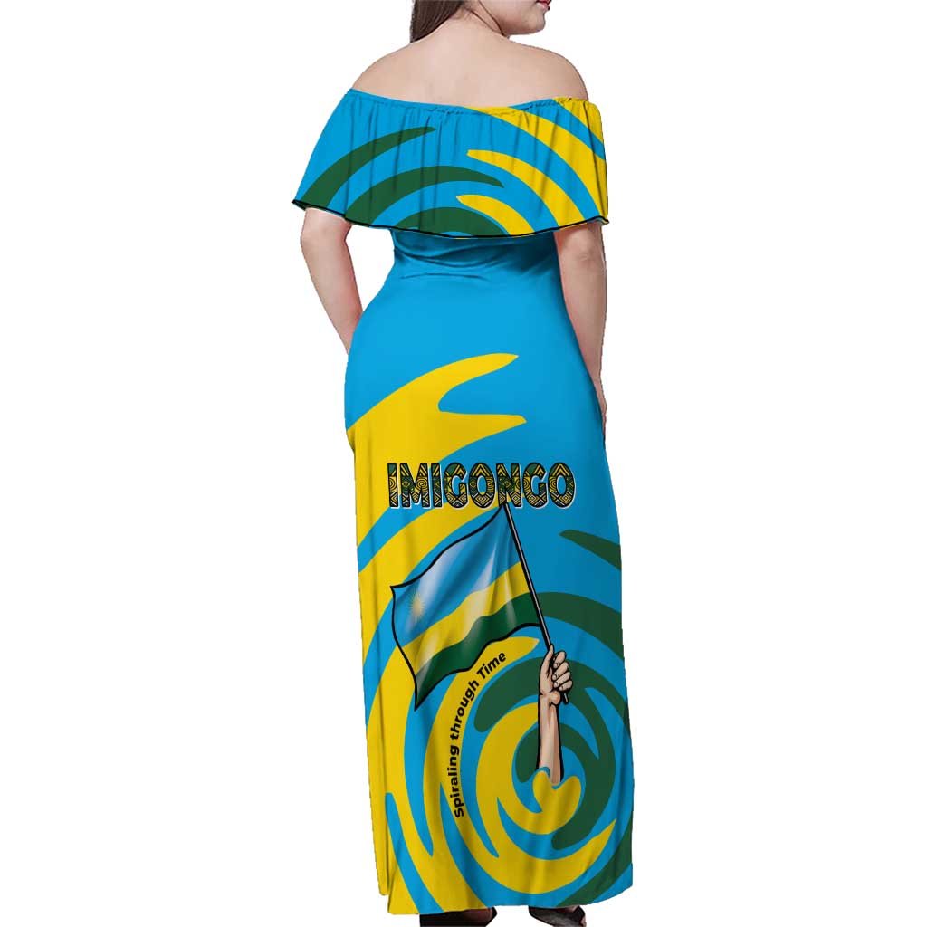 Rwanda Family Matching Off Shoulder Maxi Dress and Hawaiian Shirt with Imigongo Spiraling Flag Hand Wave Time Spirit