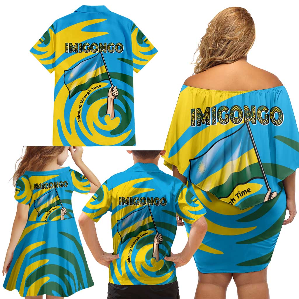 Rwanda Family Matching Off Shoulder Short Dress and Hawaiian Shirt with Imigongo Spiraling Flag Hand Wave Time Spirit