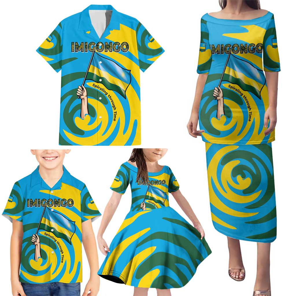 Rwanda Family Matching Puletasi and Hawaiian Shirt with Imigongo Spiraling Flag Hand Wave Time Spirit