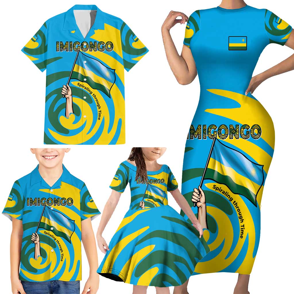Rwanda Family Matching Short Sleeve Bodycon Dress and Hawaiian Shirt with Imigongo Spiraling Flag Hand Wave Time Spirit