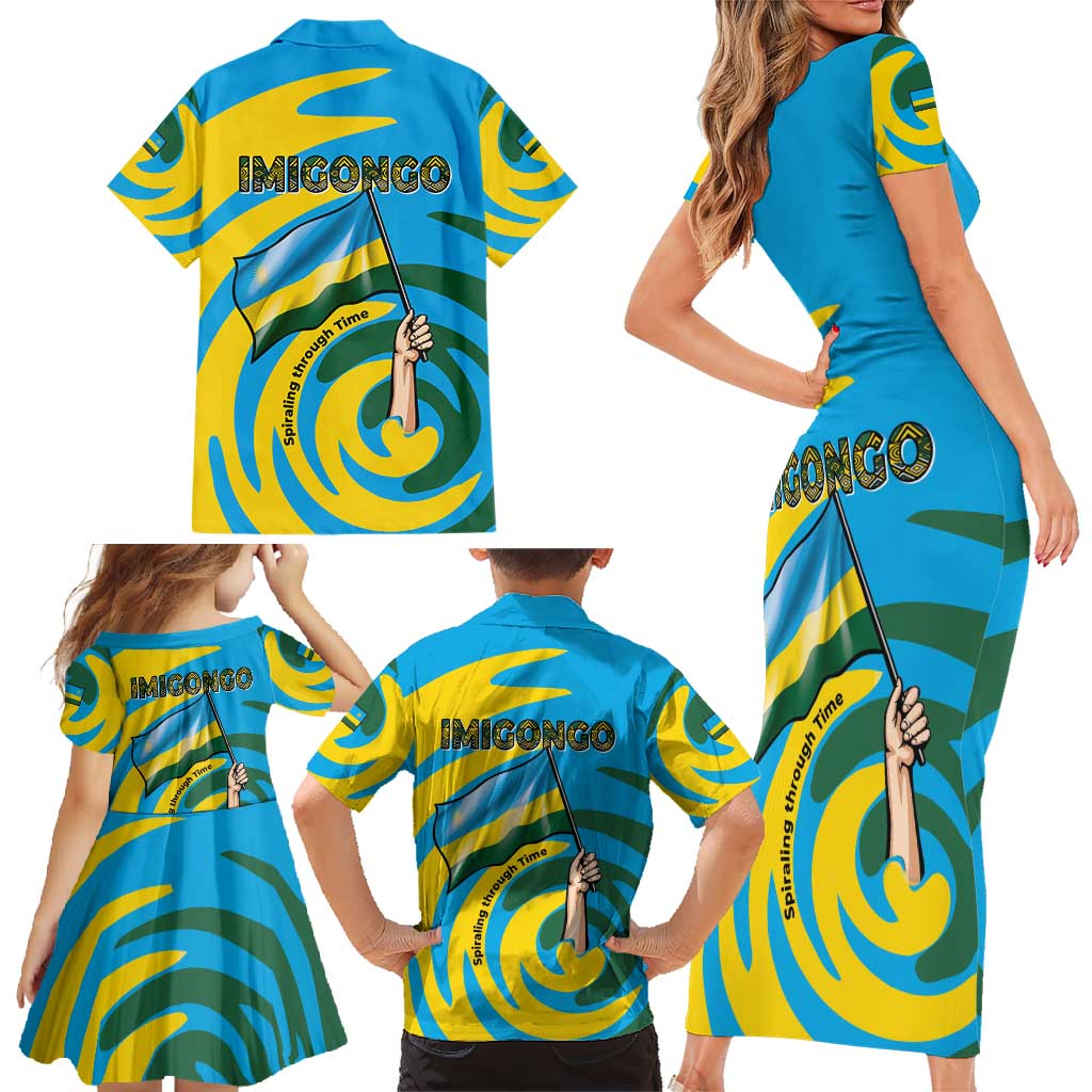 Rwanda Family Matching Short Sleeve Bodycon Dress and Hawaiian Shirt with Imigongo Spiraling Flag Hand Wave Time Spirit