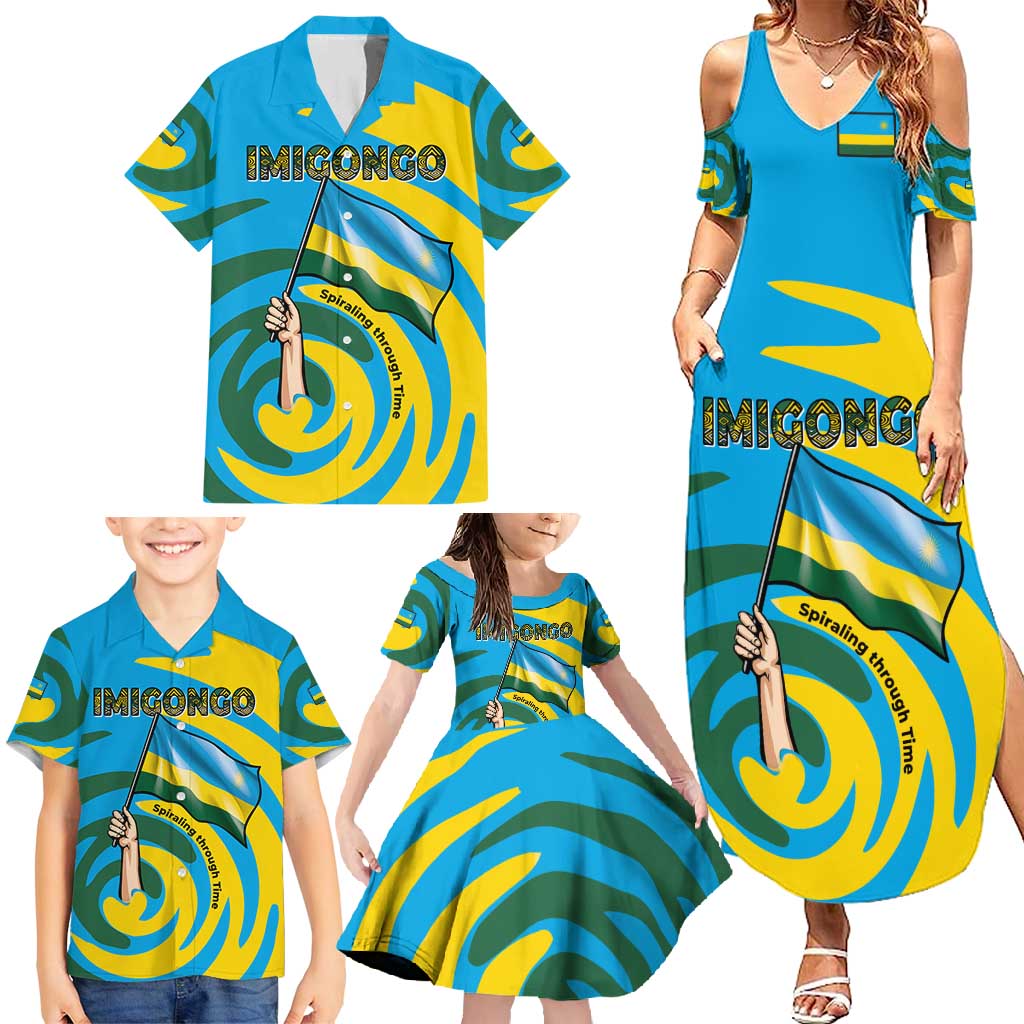 Rwanda Family Matching Summer Maxi Dress and Hawaiian Shirt with Imigongo Spiraling Flag Hand Wave Time Spirit