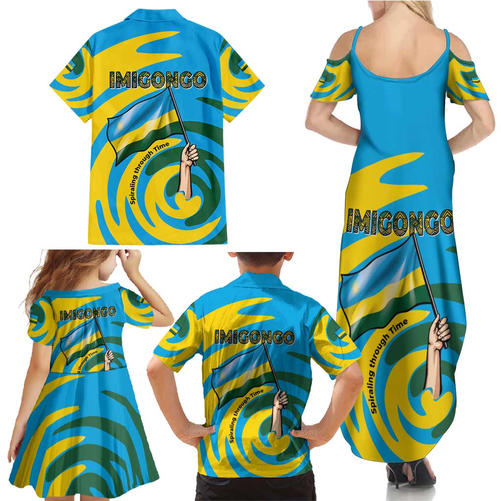 Rwanda Family Matching Summer Maxi Dress and Hawaiian Shirt with Imigongo Spiraling Flag Hand Wave Time Spirit