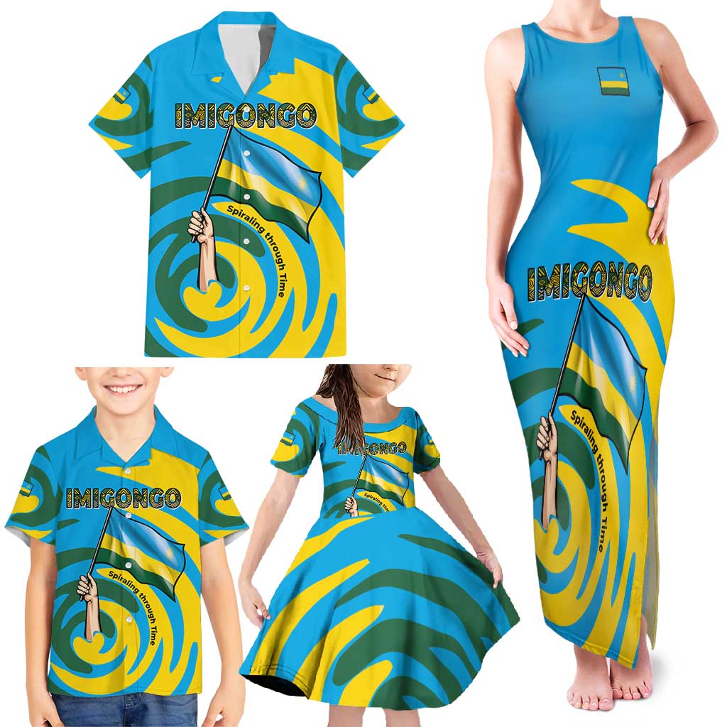 Rwanda Family Matching Tank Maxi Dress and Hawaiian Shirt with Imigongo Spiraling Flag Hand Wave Time Spirit