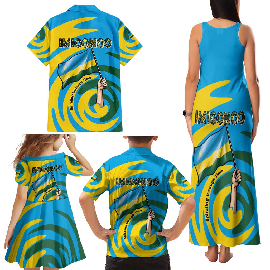 Rwanda Family Matching Tank Maxi Dress and Hawaiian Shirt with Imigongo Spiraling Flag Hand Wave Time Spirit