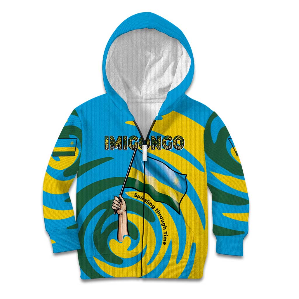 Rwanda Kid Hoodie with Imigongo Spiraling Flag Hand Wave Time Spirit