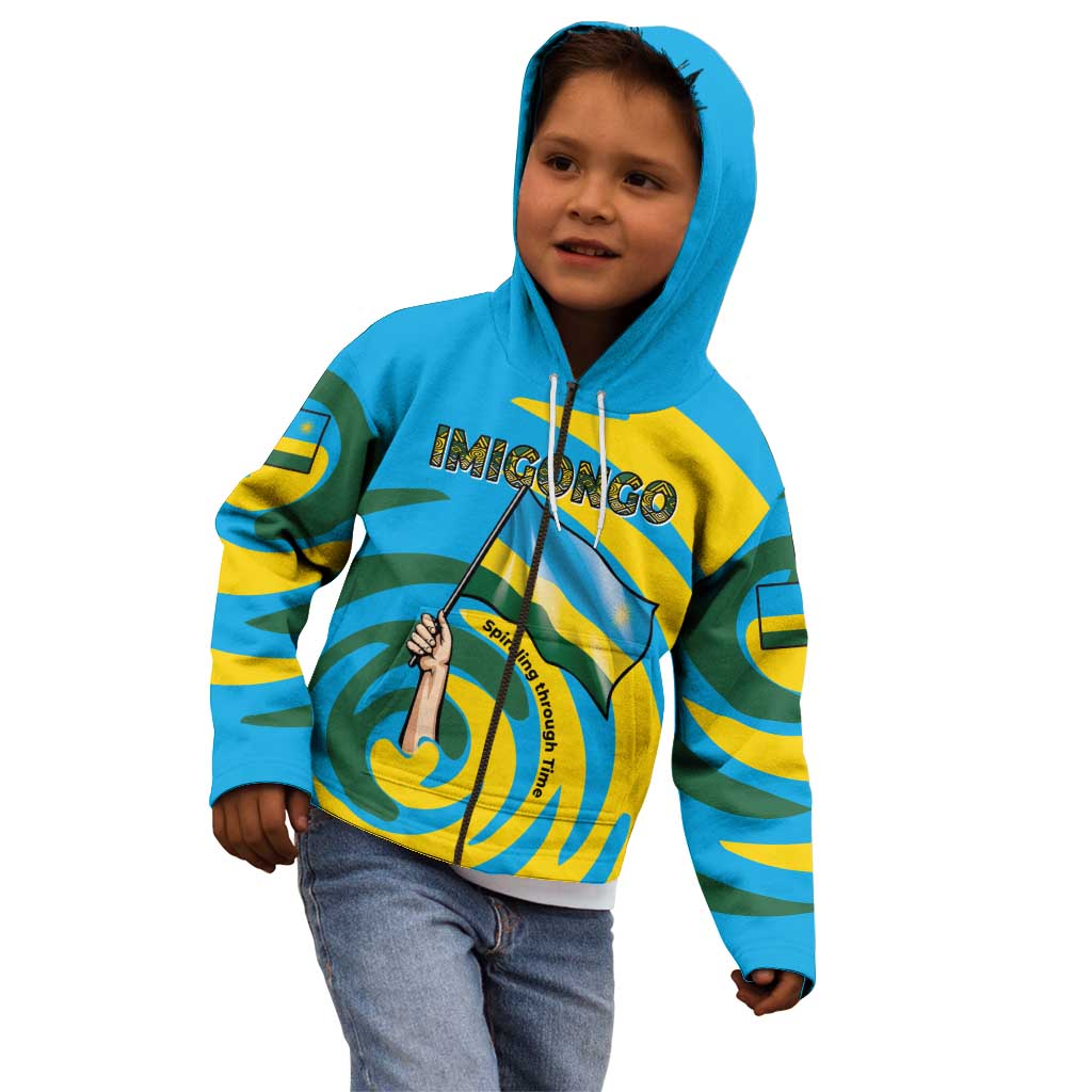Rwanda Kid Hoodie with Imigongo Spiraling Flag Hand Wave Time Spirit
