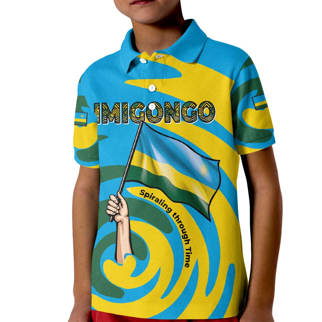 Rwanda Kid Polo Shirt with Imigongo Spiraling Flag Hand Wave Time Spirit