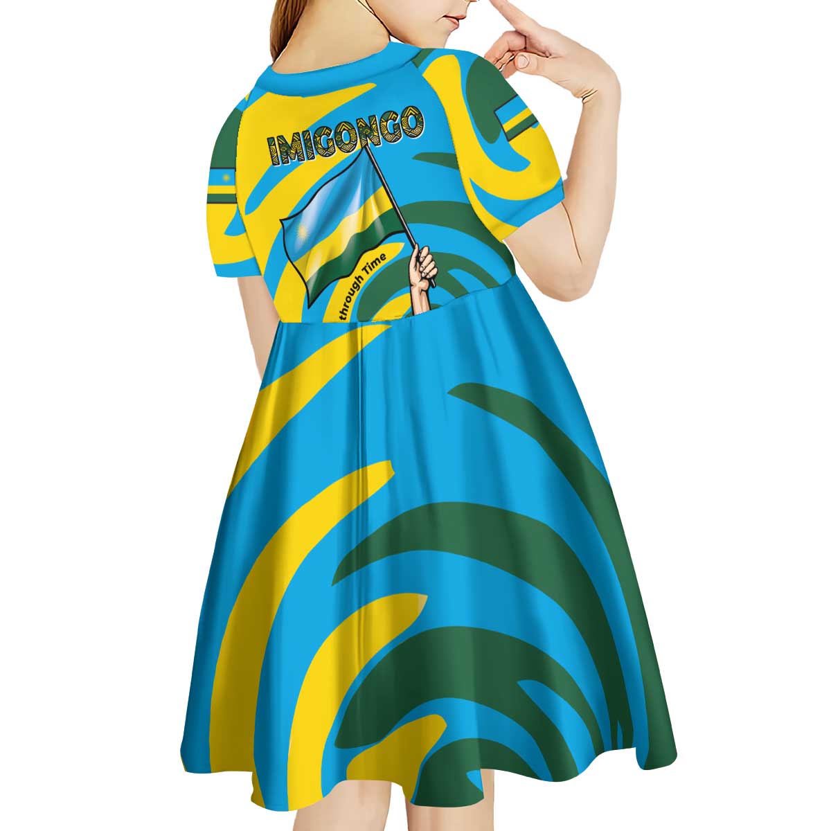 Rwanda Kid Short Sleeve Dress with Imigongo Spiraling Flag Hand Wave Time Spirit
