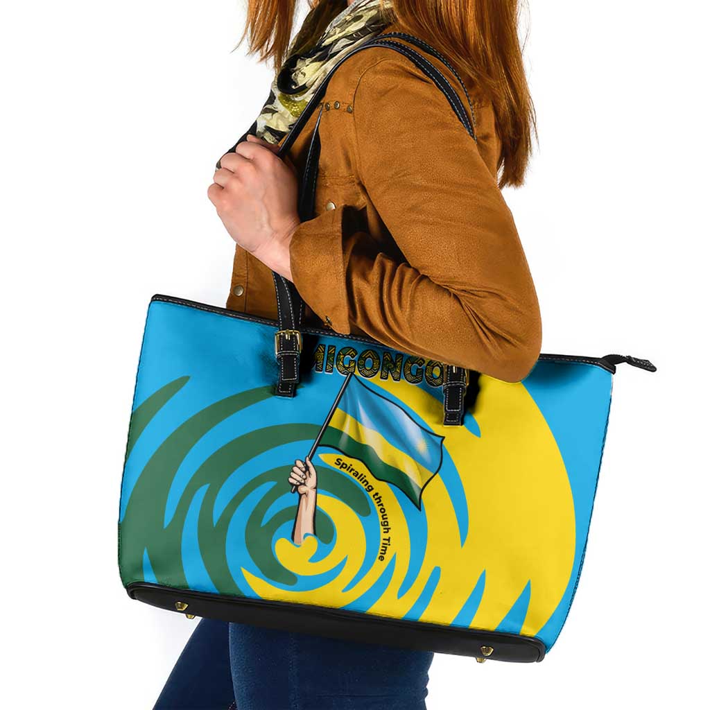 Rwanda Leather Tote Bag with Imigongo Spiraling Flag Hand Wave Time Spirit