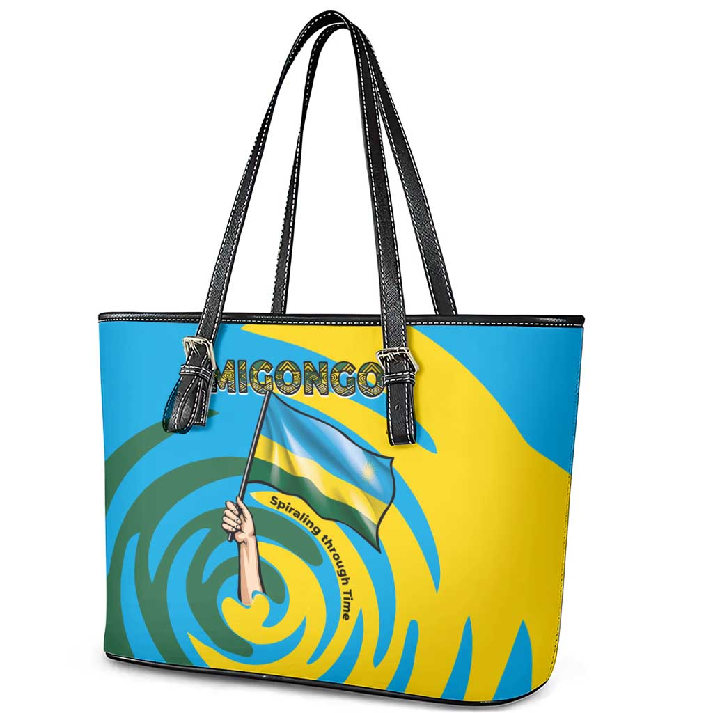 Rwanda Leather Tote Bag with Imigongo Spiraling Flag Hand Wave Time Spirit