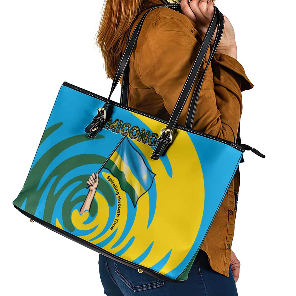 Rwanda Leather Tote Bag with Imigongo Spiraling Flag Hand Wave Time Spirit