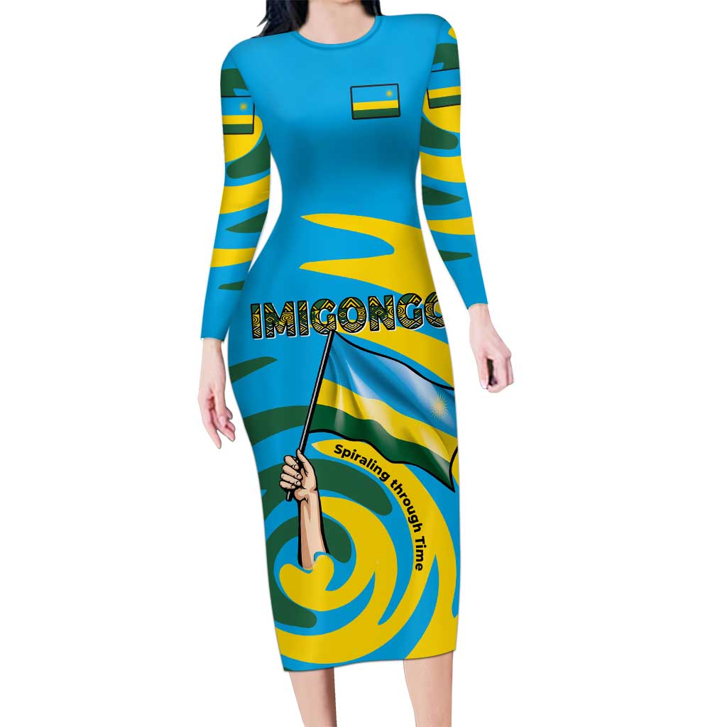 Rwanda Long Sleeve Bodycon Dress with Imigongo Spiraling Flag Hand Wave Time Spirit
