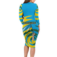 Rwanda Long Sleeve Bodycon Dress with Imigongo Spiraling Flag Hand Wave Time Spirit