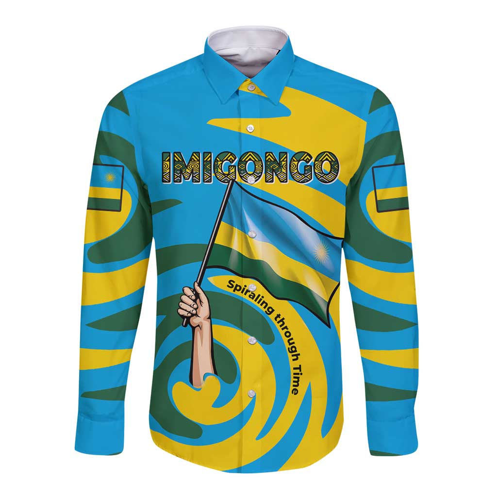Rwanda Long Sleeve Button Shirt with Imigongo Spiraling Flag Hand Wave Time Spirit