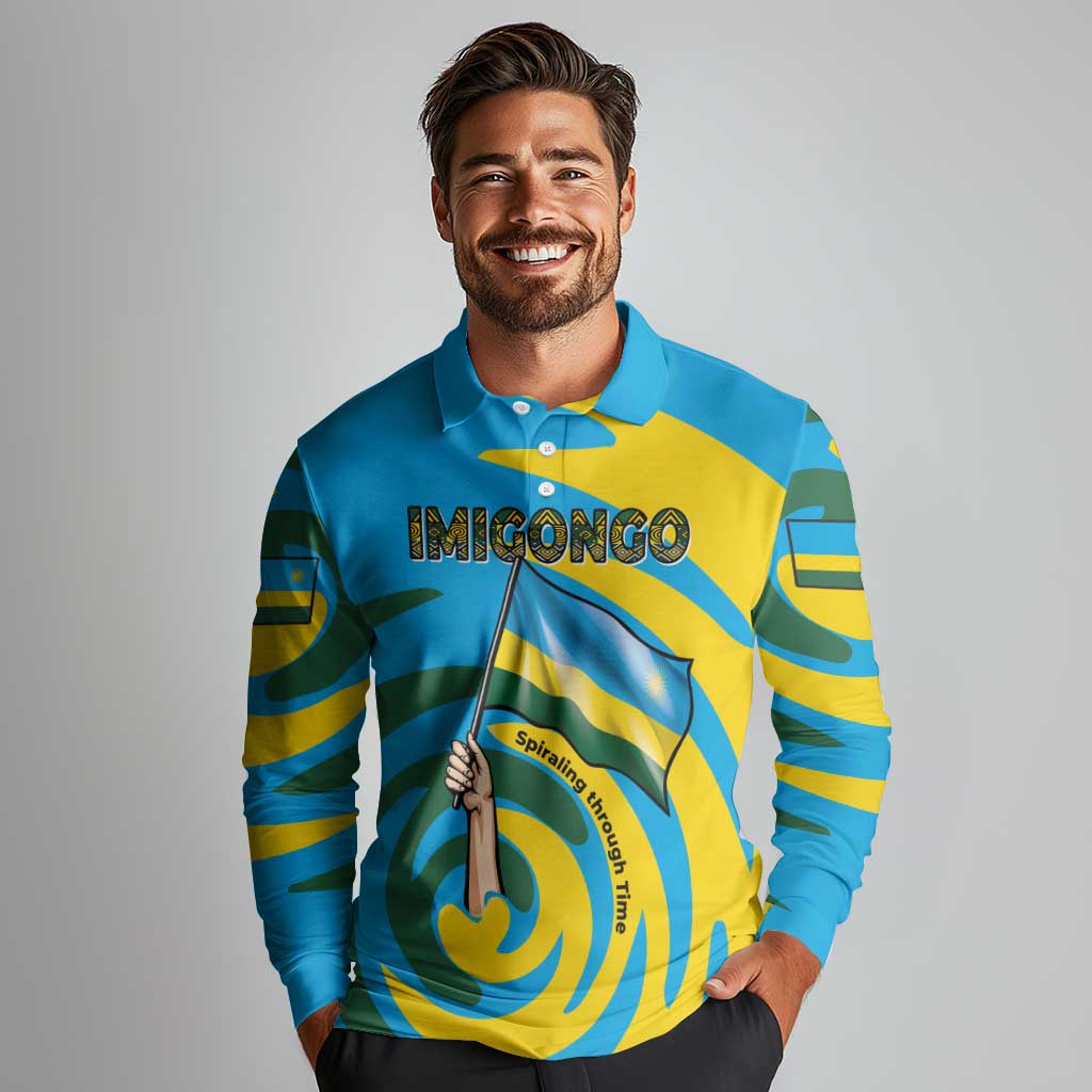 Rwanda Long Sleeve Polo Shirt with Imigongo Spiraling Flag Hand Wave Time Spirit