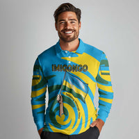 Rwanda Long Sleeve Polo Shirt with Imigongo Spiraling Flag Hand Wave Time Spirit