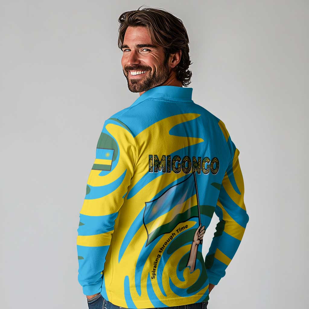 Rwanda Long Sleeve Polo Shirt with Imigongo Spiraling Flag Hand Wave Time Spirit