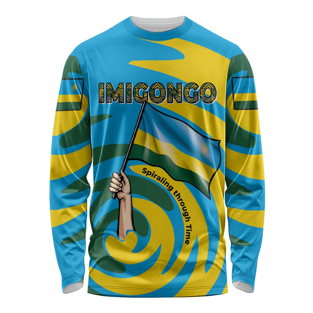 Rwanda Long Sleeve Shirt with Imigongo Spiraling Flag Hand Wave Time Spirit