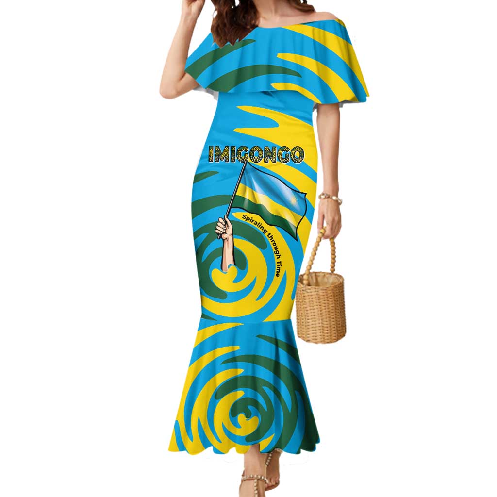 Rwanda Mermaid Dress with Imigongo Spiraling Flag Hand Wave Time Spirit