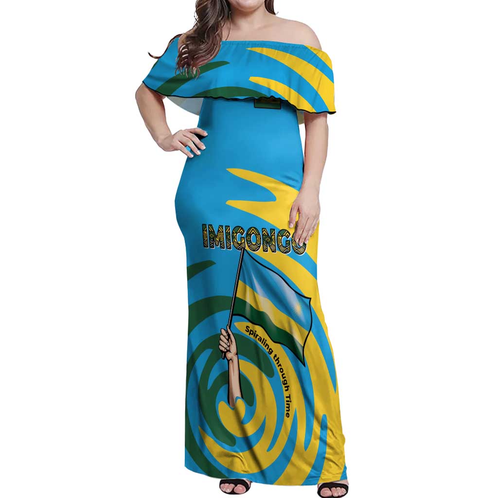 Rwanda Off Shoulder Maxi Dress with Imigongo Spiraling Flag Hand Wave Time Spirit