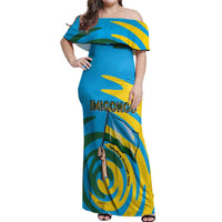 Rwanda Off Shoulder Maxi Dress with Imigongo Spiraling Flag Hand Wave Time Spirit