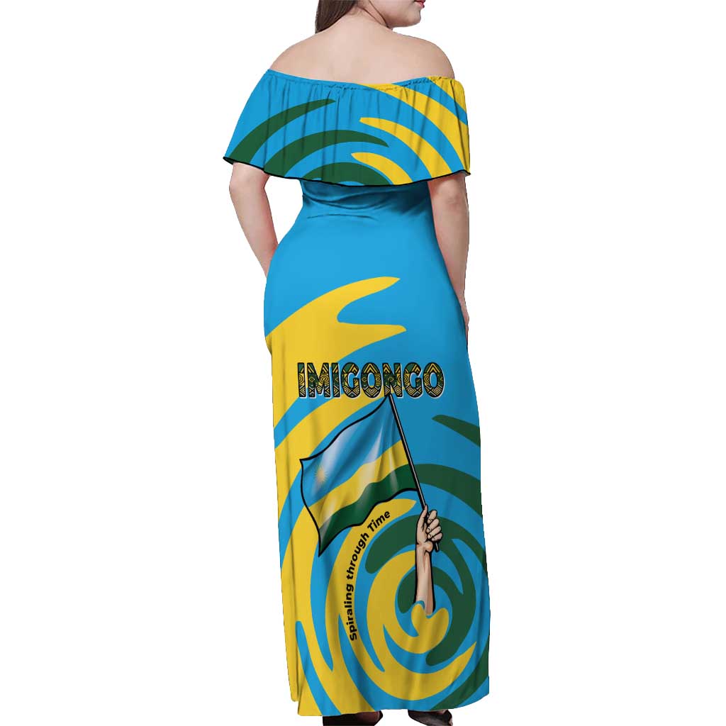 Rwanda Off Shoulder Maxi Dress with Imigongo Spiraling Flag Hand Wave Time Spirit