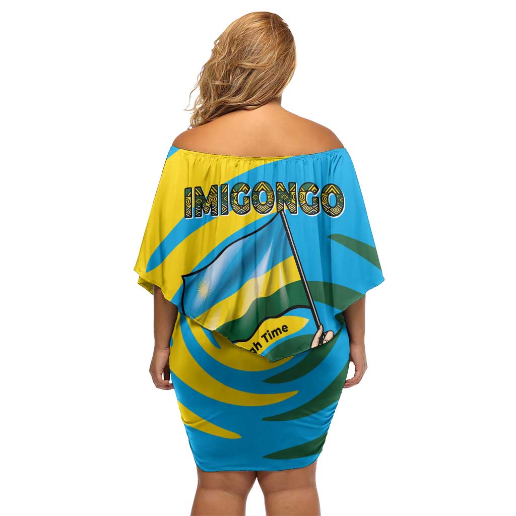 Rwanda Off Shoulder Short Dress with Imigongo Spiraling Flag Hand Wave Time Spirit