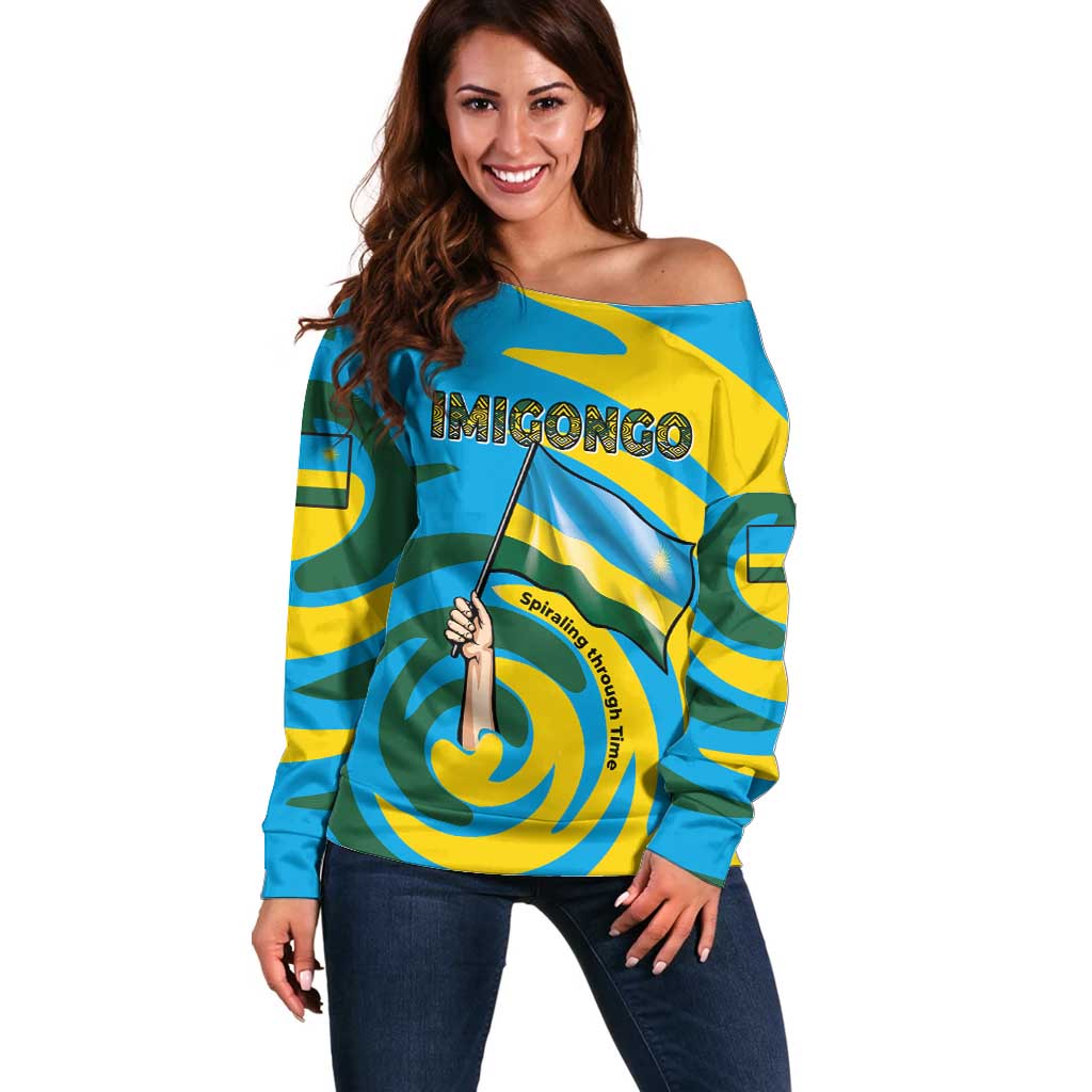 Rwanda Off Shoulder Sweater with Imigongo Spiraling Flag Hand Wave Time Spirit