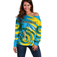 Rwanda Off Shoulder Sweater with Imigongo Spiraling Flag Hand Wave Time Spirit