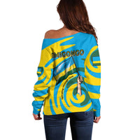 Rwanda Off Shoulder Sweater with Imigongo Spiraling Flag Hand Wave Time Spirit