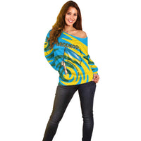 Rwanda Off Shoulder Sweater with Imigongo Spiraling Flag Hand Wave Time Spirit