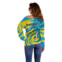 Rwanda Off Shoulder Sweater with Imigongo Spiraling Flag Hand Wave Time Spirit