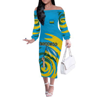 Rwanda Off The Shoulder Long Sleeve Dress with Imigongo Spiraling Flag Hand Wave Time Spirit