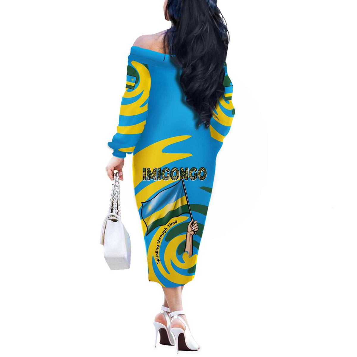 Rwanda Off The Shoulder Long Sleeve Dress with Imigongo Spiraling Flag Hand Wave Time Spirit