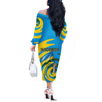 Rwanda Off The Shoulder Long Sleeve Dress with Imigongo Spiraling Flag Hand Wave Time Spirit