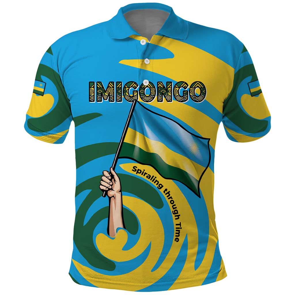 Rwanda Polo Shirt with Imigongo Spiraling Flag Hand Wave Time Spirit