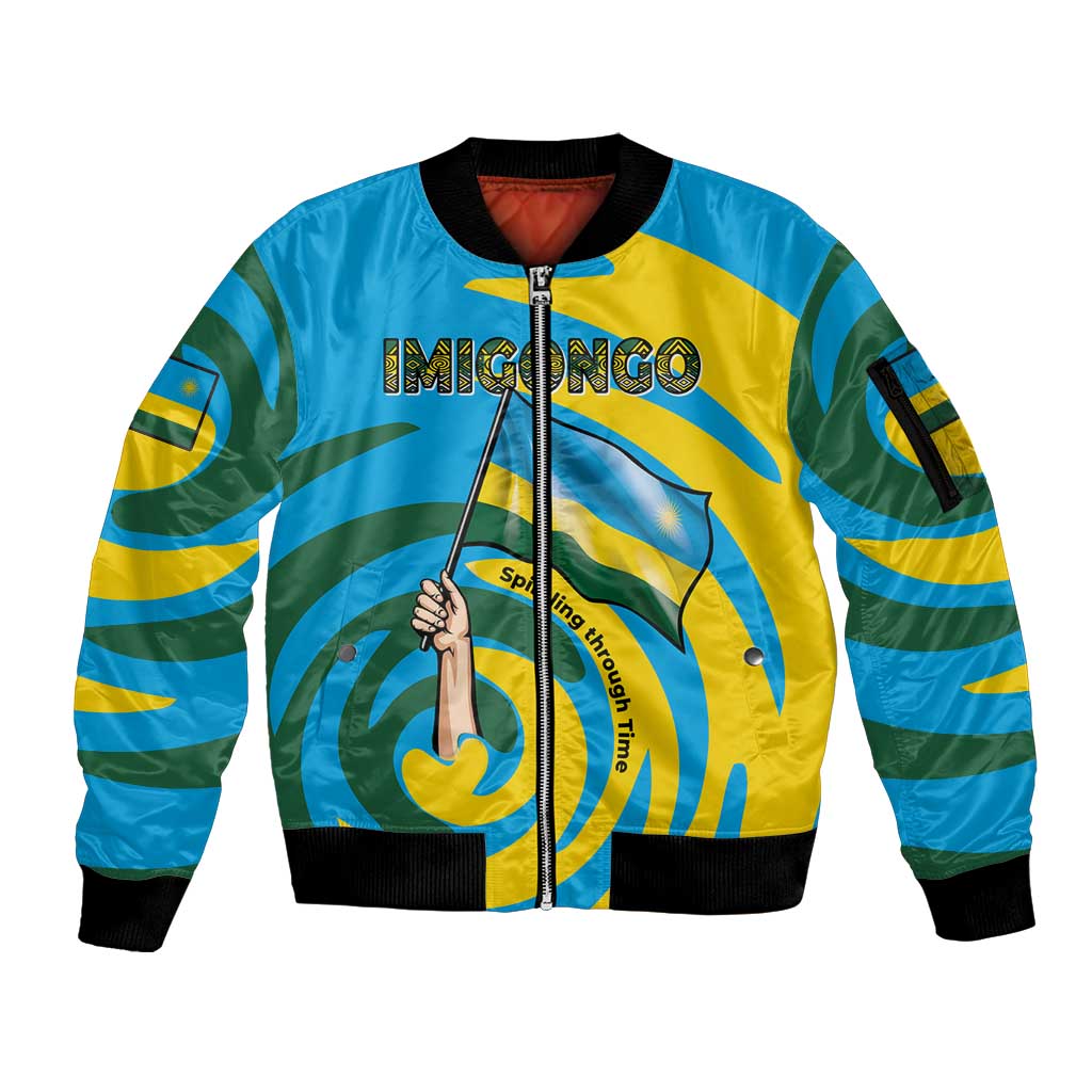 Rwanda Sleeve Zip Bomber Jacket with Imigongo Spiraling Flag Hand Wave Time Spirit