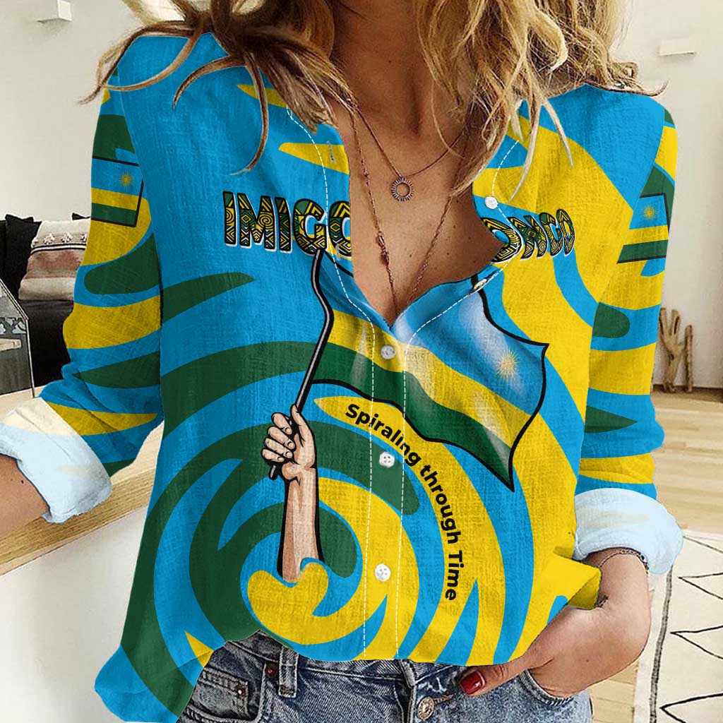 Rwanda Women Casual Shirt with Imigongo Spiraling Flag Hand Wave Time Spirit