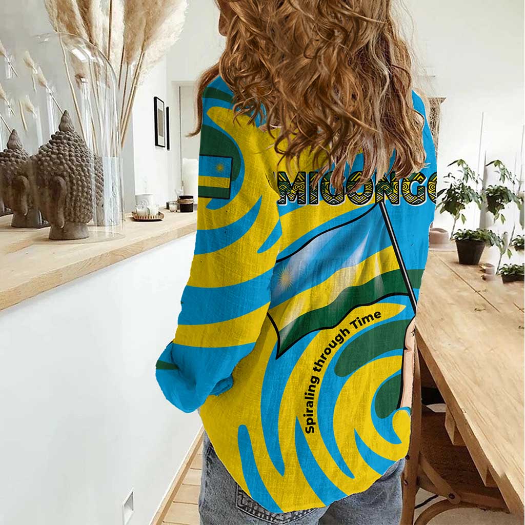Rwanda Women Casual Shirt with Imigongo Spiraling Flag Hand Wave Time Spirit