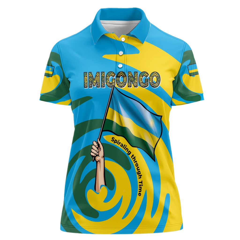 Rwanda Women Polo Shirt with Imigongo Spiraling Flag Hand Wave Time Spirit