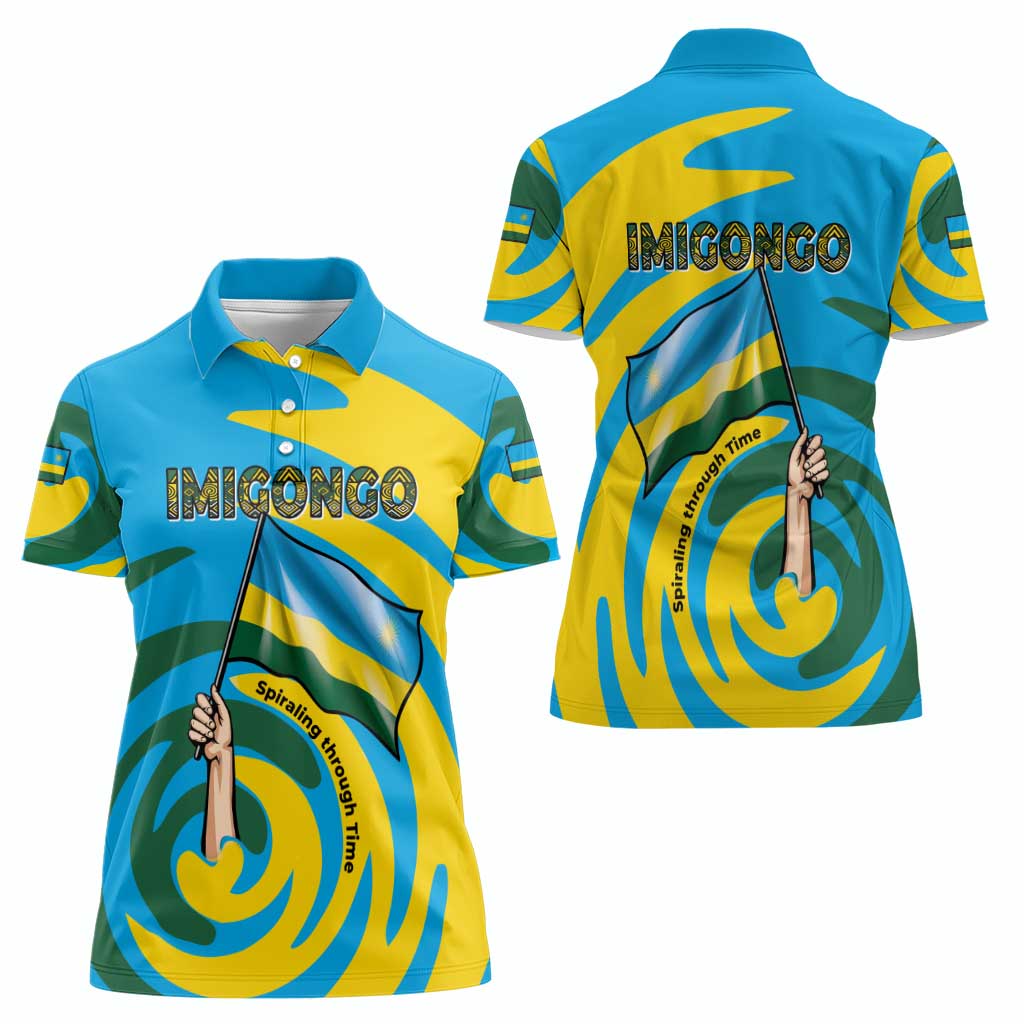 Rwanda Women Polo Shirt with Imigongo Spiraling Flag Hand Wave Time Spirit