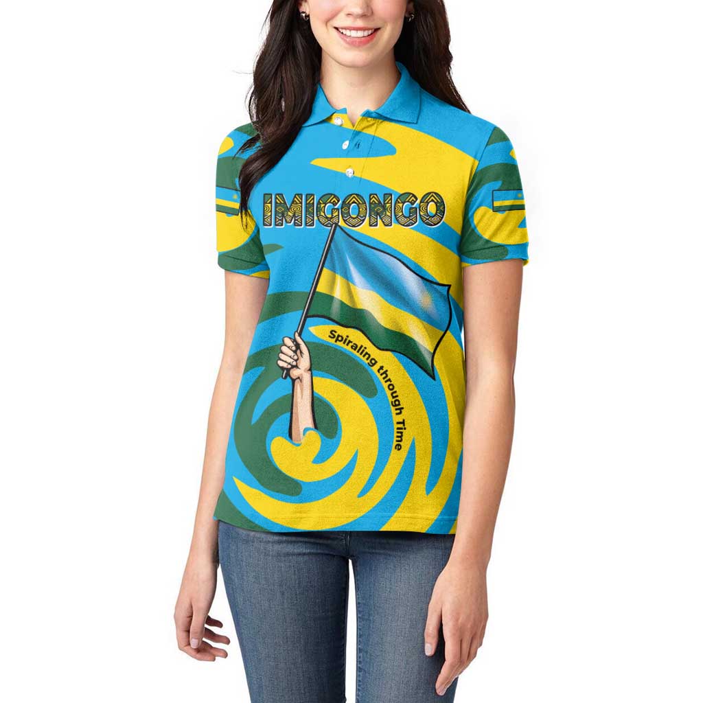 Rwanda Women Polo Shirt with Imigongo Spiraling Flag Hand Wave Time Spirit