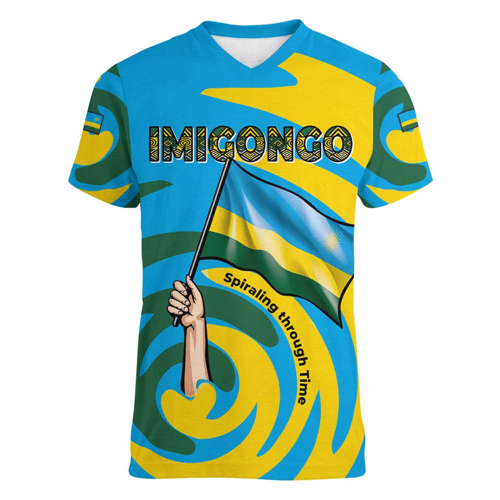 Rwanda Women V-Neck T-Shirt with Imigongo Spiraling Flag Hand Wave Time Spirit