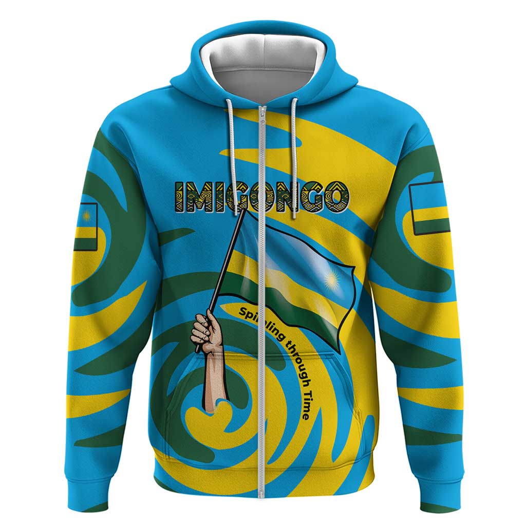 Rwanda Zip Hoodie with Imigongo Spiraling Flag Hand Wave Time Spirit