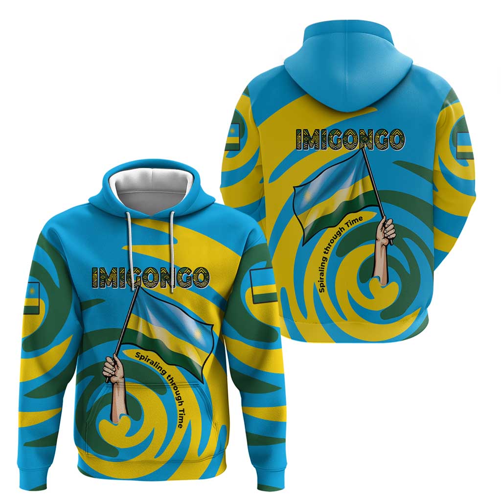 Rwanda Zip Hoodie with Imigongo Spiraling Flag Hand Wave Time Spirit