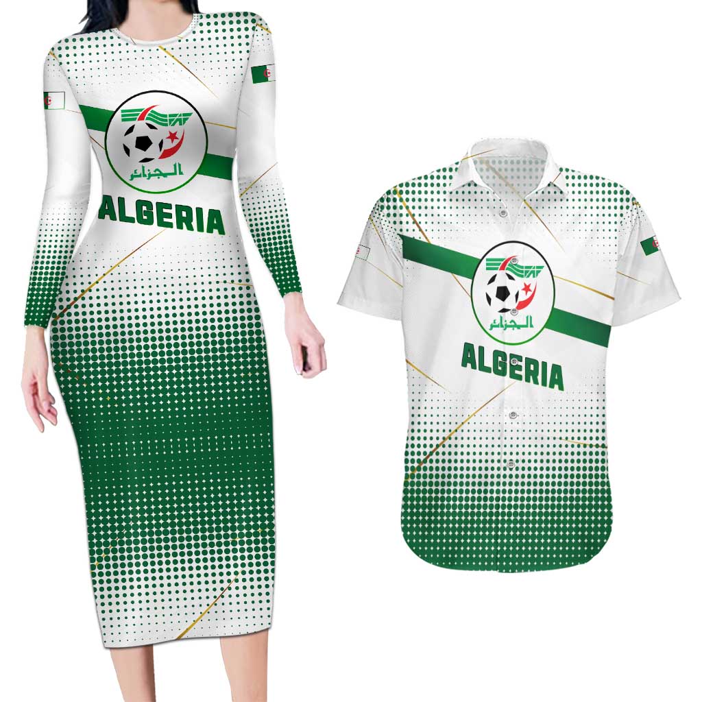 Algeria Soccer Couples Matching Long Sleeve Bodycon Dress and Hawaiian Shirt with Desert Warriors Text and National Flag Design