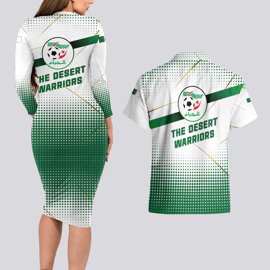 Algeria Soccer Couples Matching Long Sleeve Bodycon Dress and Hawaiian Shirt with Desert Warriors Text and National Flag Design