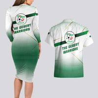 Algeria Soccer Couples Matching Long Sleeve Bodycon Dress and Hawaiian Shirt with Desert Warriors Text and National Flag Design